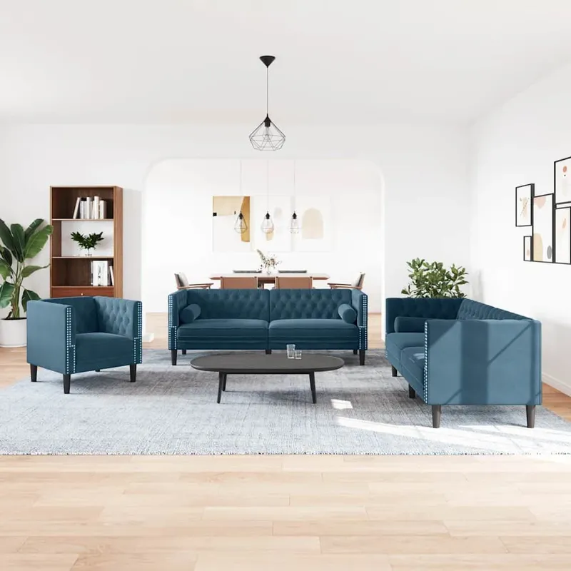 3-tlg. Chesterfield-Sofa-Set mit Nackenrollen Blau Samt