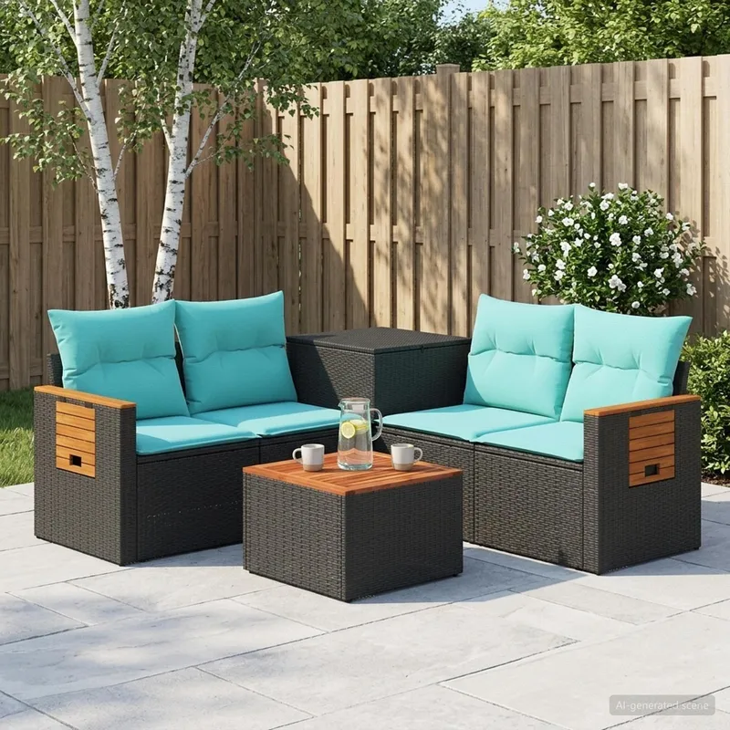Sofa Set 6 stk. Schwarz und Blau Polyrattan und Stahl