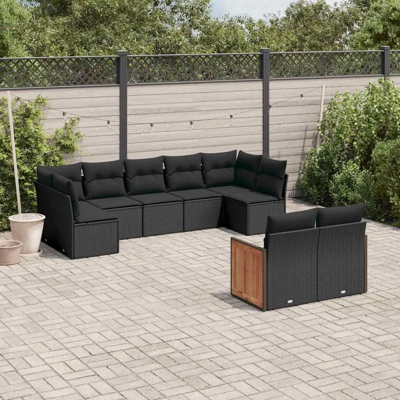 9-tlg. set divano da giardino con cuscini nero Poly Rattan