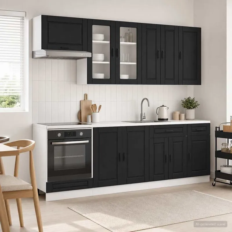 Unité de cuisine PORTO 8 pc Noir Bois d'ingénierie