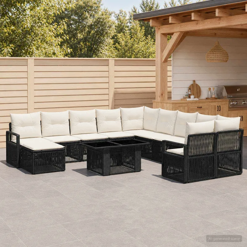 Gartensofa-set 12 stk. Schwarz und Cremeweiß Poly-Rattan