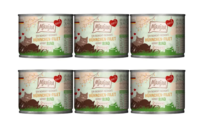 Mjamjam Nassfutter Duett Hühnchen-Filet küsst Rind, 6 x 190 g