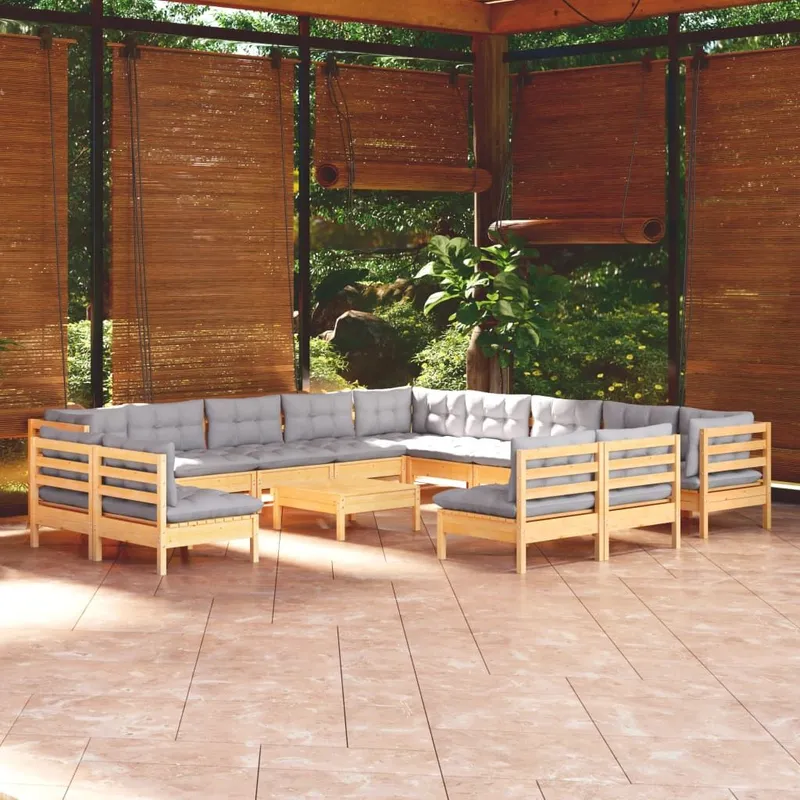 Salon de jardin 14 pcs avec coussins gris Bois de pin solide