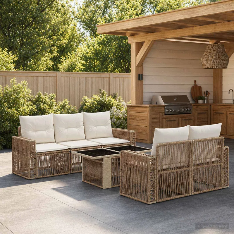Ensemble de canapé de jardin 6 pc Beige et blanc crème