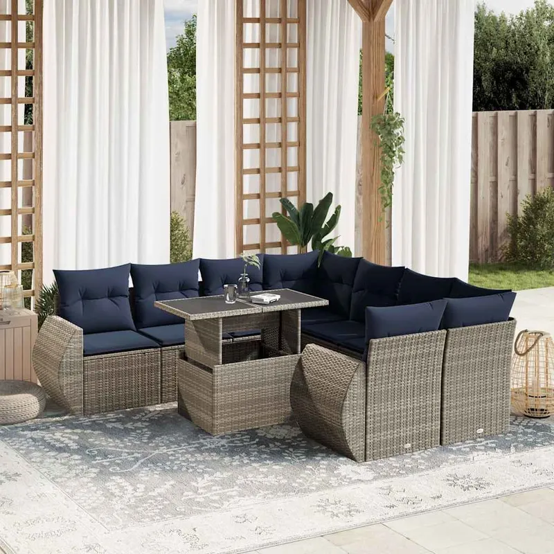 9 pezzi set divano da giardino con cuscini, grigio, polyrattan