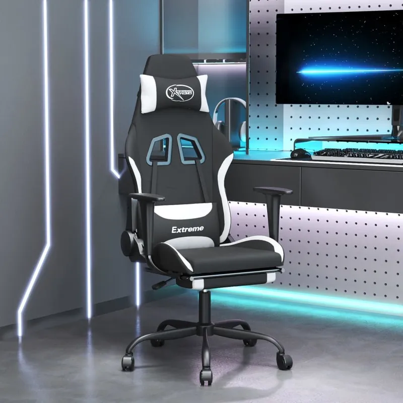 Gaming-Stuhl con Fußstütze nero e bianco tessuto