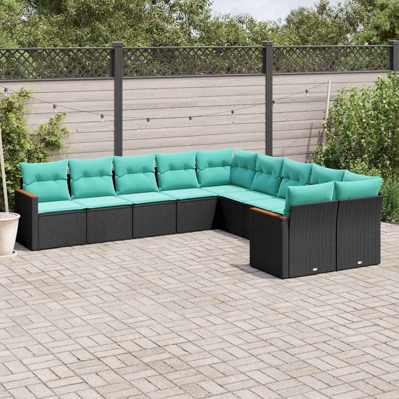 10 pezzi set divano da giardino con cuscini, nero polyrattan