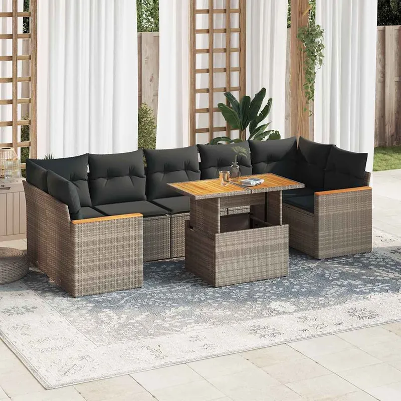 8-tlg. set divano da giardino con cuscini grigio Poly Rattan Akazie