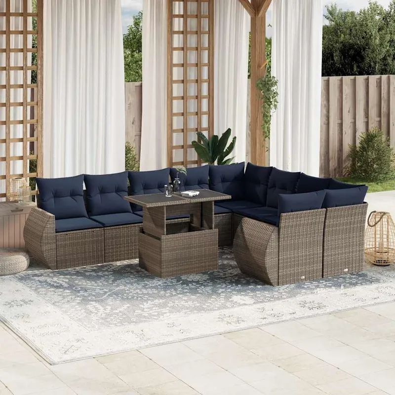 10 pezzi set divano da giardino con cuscini, grigio, polyrattan