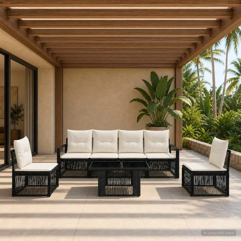 set divano da giardino 7 pz. nero e bianco crema polyrattan