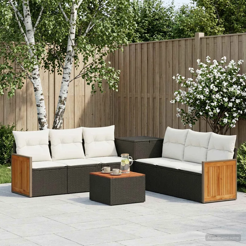 divano Set 8 pz. nero e bianco crema polyrattan e acciaio