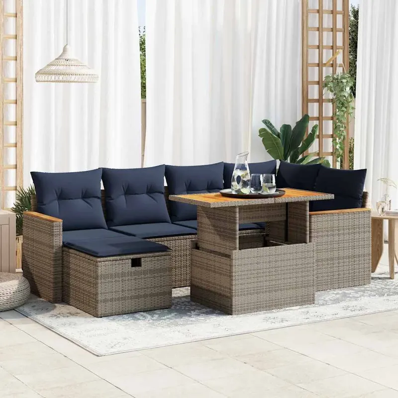 7-tlg. set divano da giardino con cuscini grigio Poly Rattan
