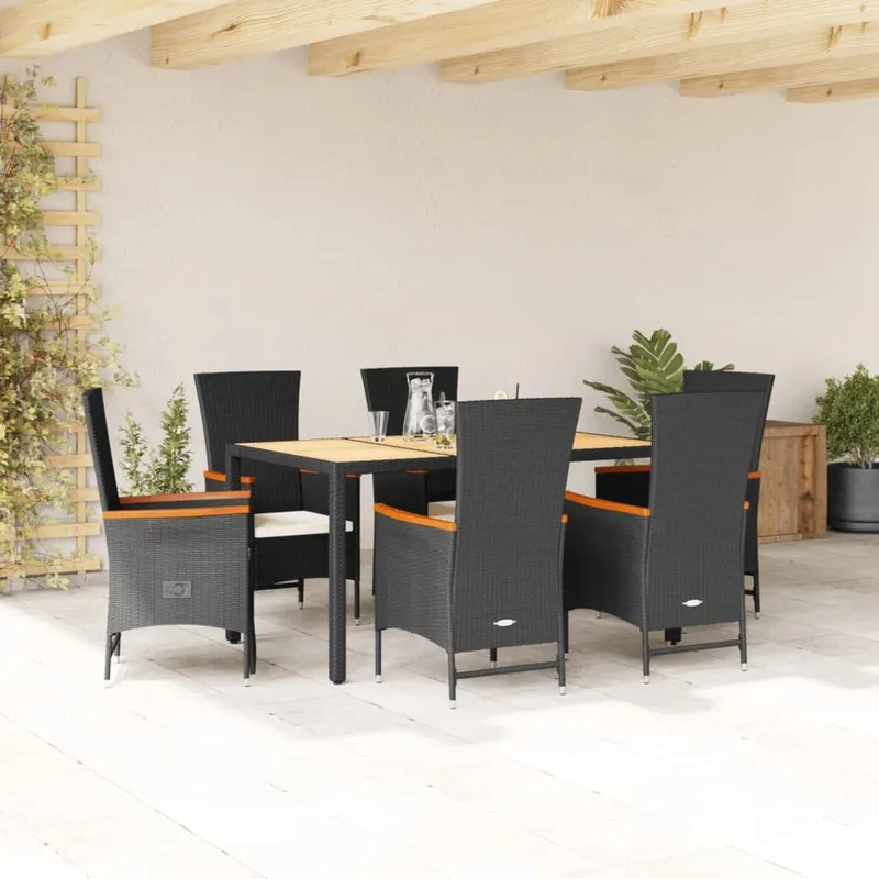 7-tlg. Garten-Essgruppe mit Kissen Schwarz Poly Rattan
