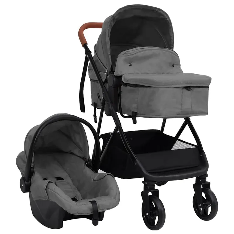 3-in-1 Kinderwagen Hellgrau und nero Stahl