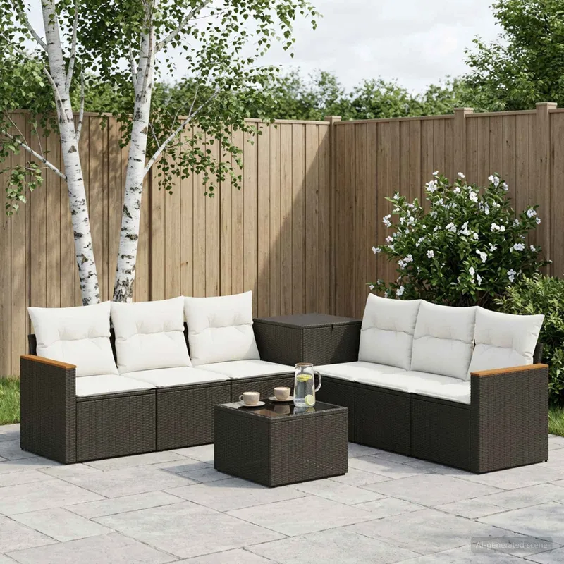 divano Set 8 pz. nero e bianco crema polyrattan e acciaio