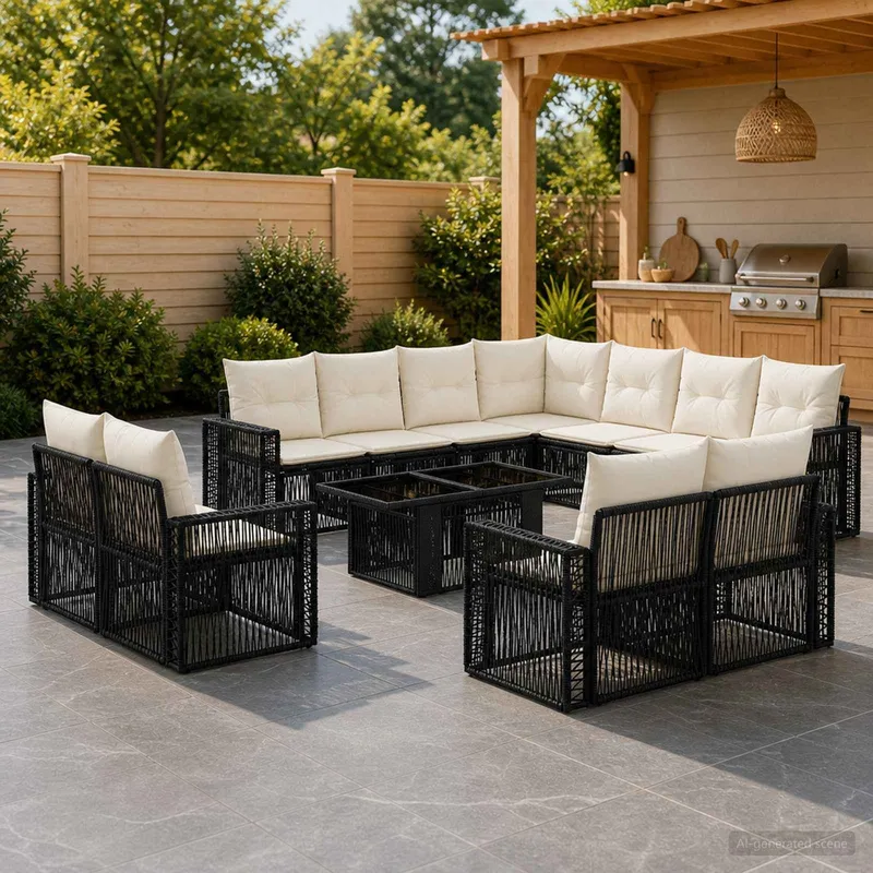 set divano da giardino 12 pz. nero e bianco crema polyrattan