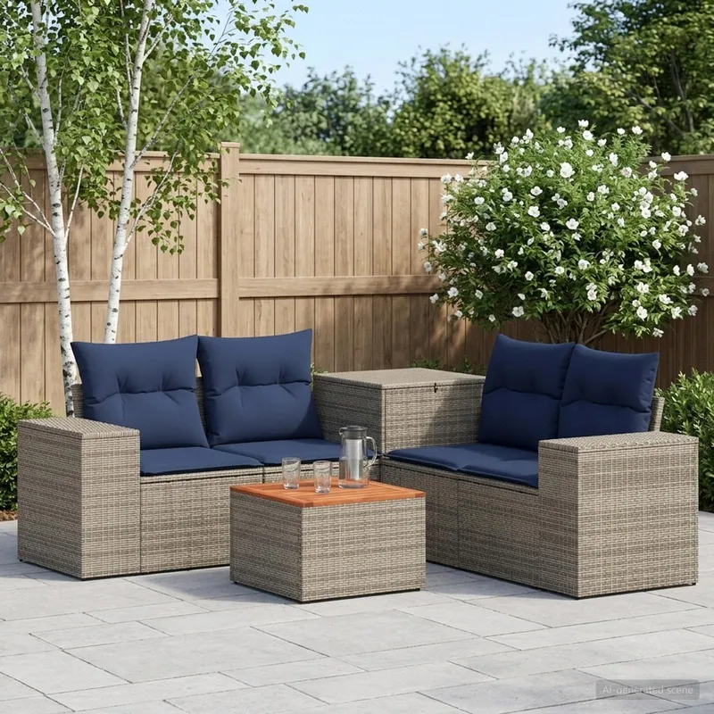 Sofa Set 6 stk. Grau und Marineblau Polyrattan und Stahl