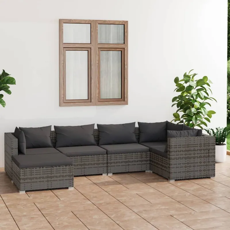 6-tlg. Garten-Lounge-Set mit Kissen Poly Rattan Grau