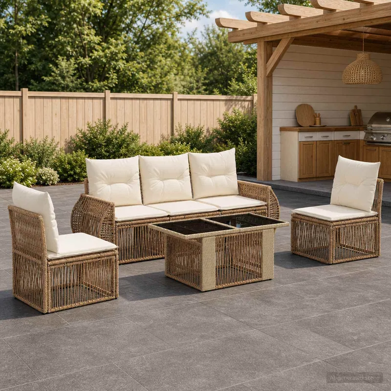 set divano da giardino 6 pz. beige e bianco crema polyrattan