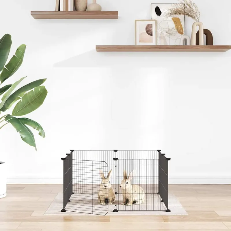 Cage pour animaux de compagnie à 8 panneaux avec porte, noire, 70 x 70 x 35 cm, acier