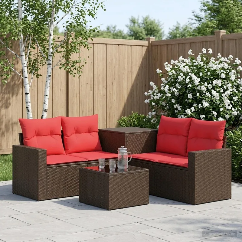 Sofa Set 6 stk. Braun und Rot Polyrattan und Stahl