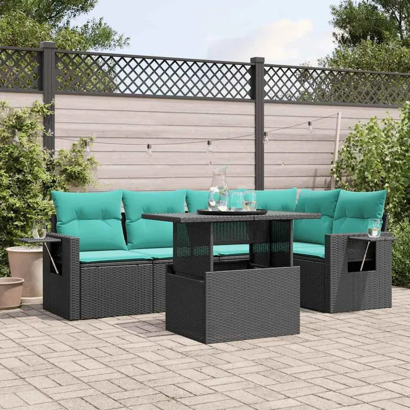 6 pezzi set divano da giardino con cuscini, nero polyrattan