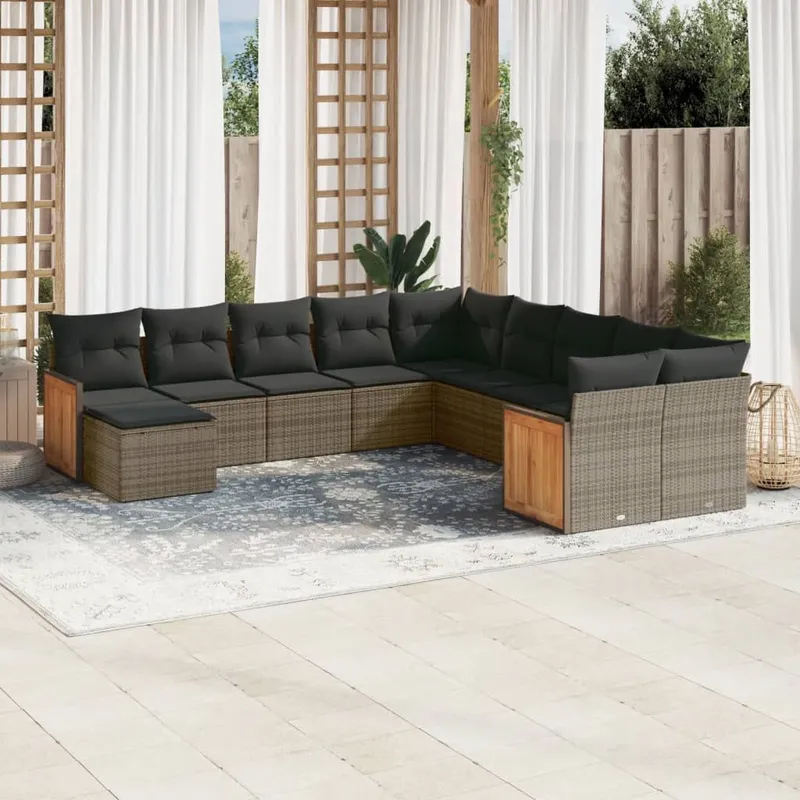 11-tlg. set divano da giardino con cuscini grigio Poly Rattan