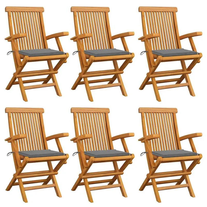 Klappstühle mit grauen Kissen, 6-teilig, Massivholz Teakholz