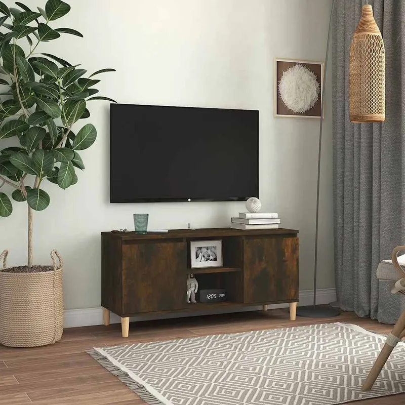 Mobile TV con Gambe in Legno Massello Rovere Fumè 103,5x35x50 cm