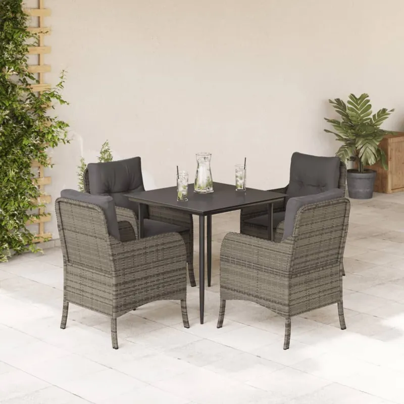 Set da pranzo da giardino 5 pz con cuscini in polyrattan grigio