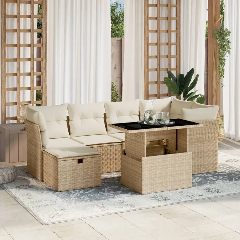 7-tlg. Garten-Sofagarnitur mit Kissen Beige Poly Rattan