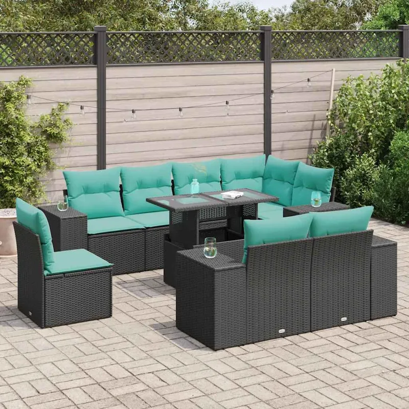 9-tlg. garden sofa set with cushions black Poly Rattan