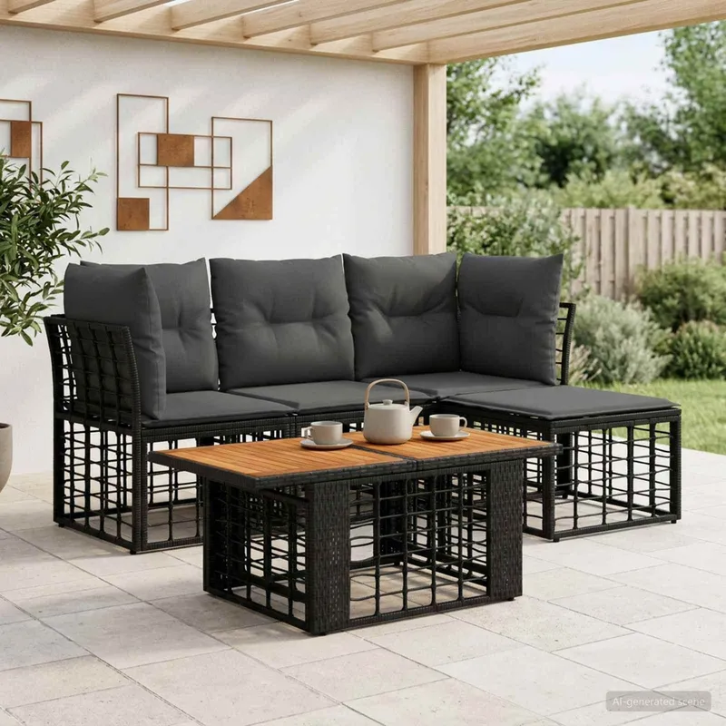 set divano da giardino 5 pz. nero e grigio scuro polyrattan