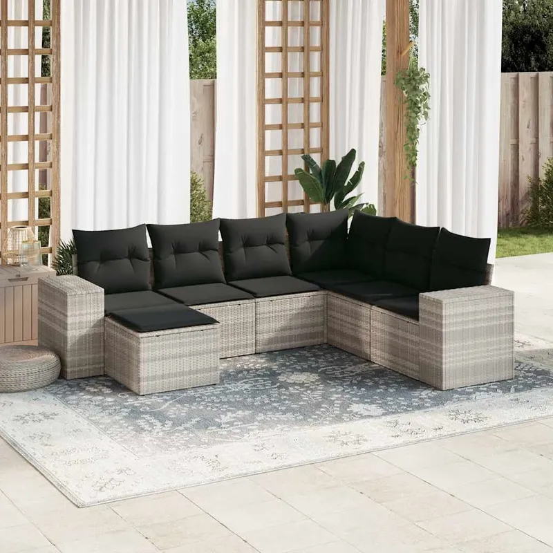 7-tlg. Garten-Sofagarnitur mit Kissen Hellgrau Poly Rattan