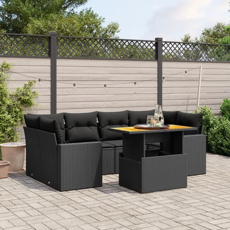 Salon de jardin 7 pcs avec coussins noir résine tressée