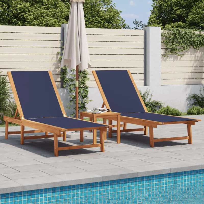 Chaises longues lot de 2 table bleu bois d'acacia et textilène