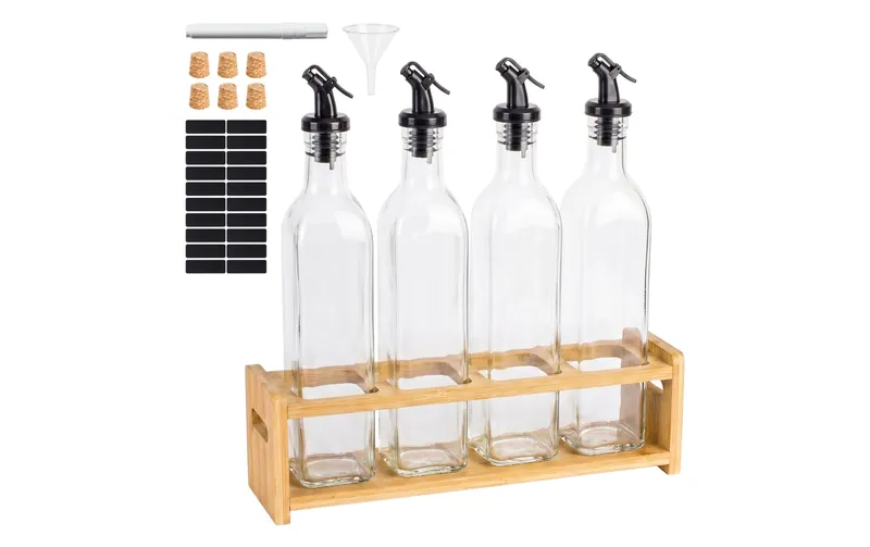 relaxdays Ölflaschen Set 4-teilig Glas Bambus 500 ml
