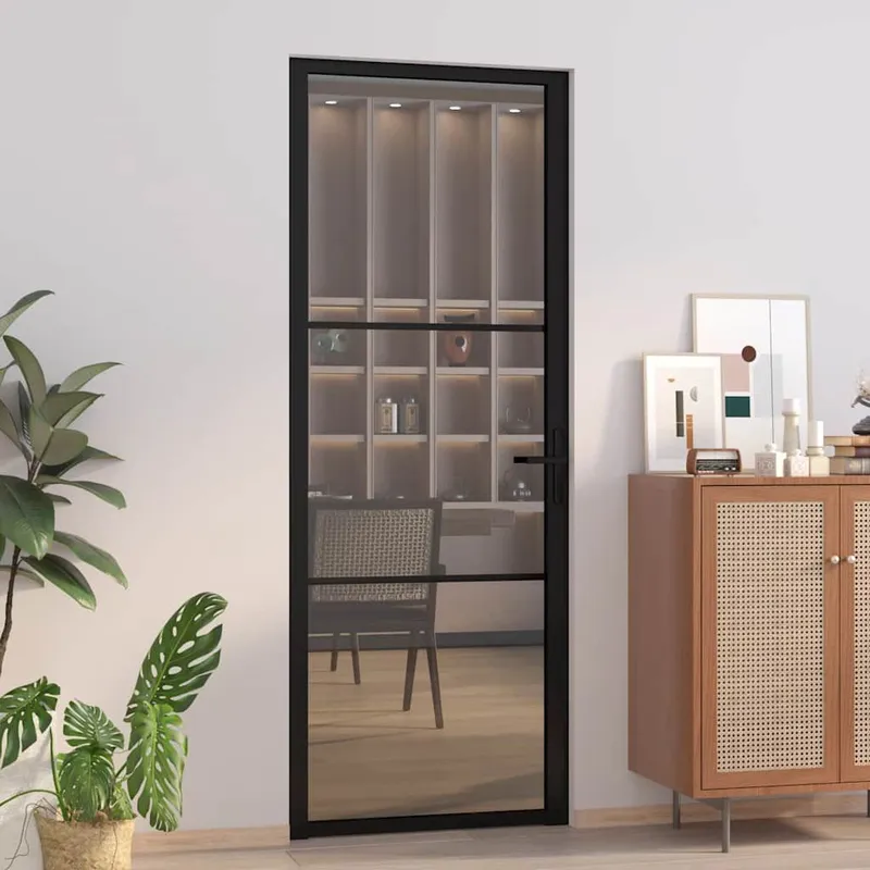 Porte intérieure 76x201,5 cm Noir Verre ESG et aluminium