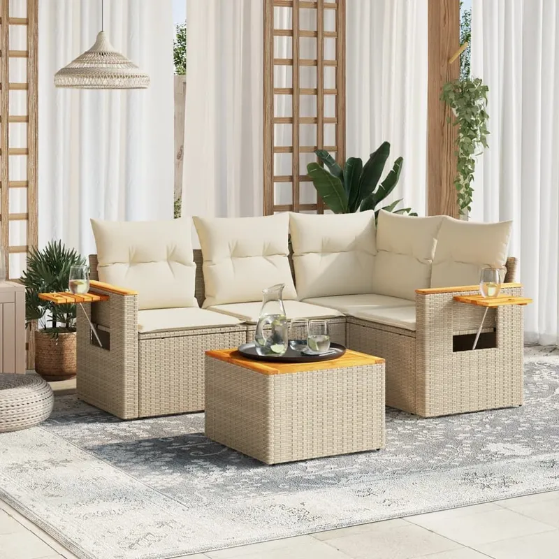 5-tlg. garden sofa set with cushions Beige Poly Rattan