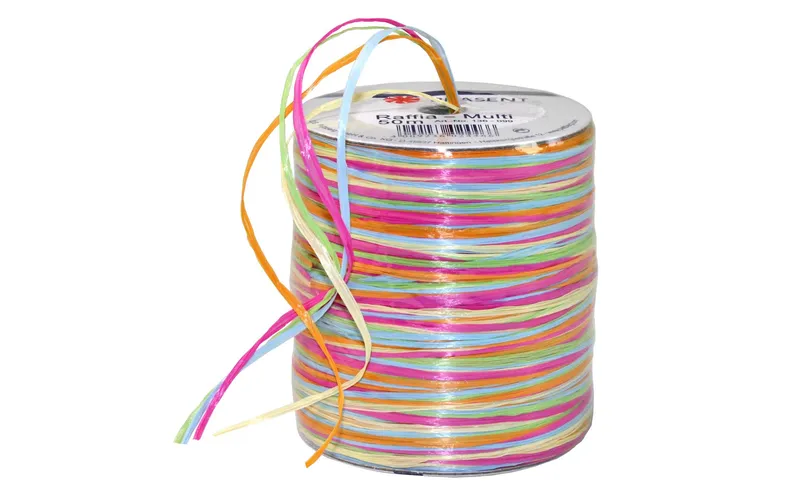Pattberg Geschenkband Raffia Multi 50 m, Orange/bleu/vert/Rosa