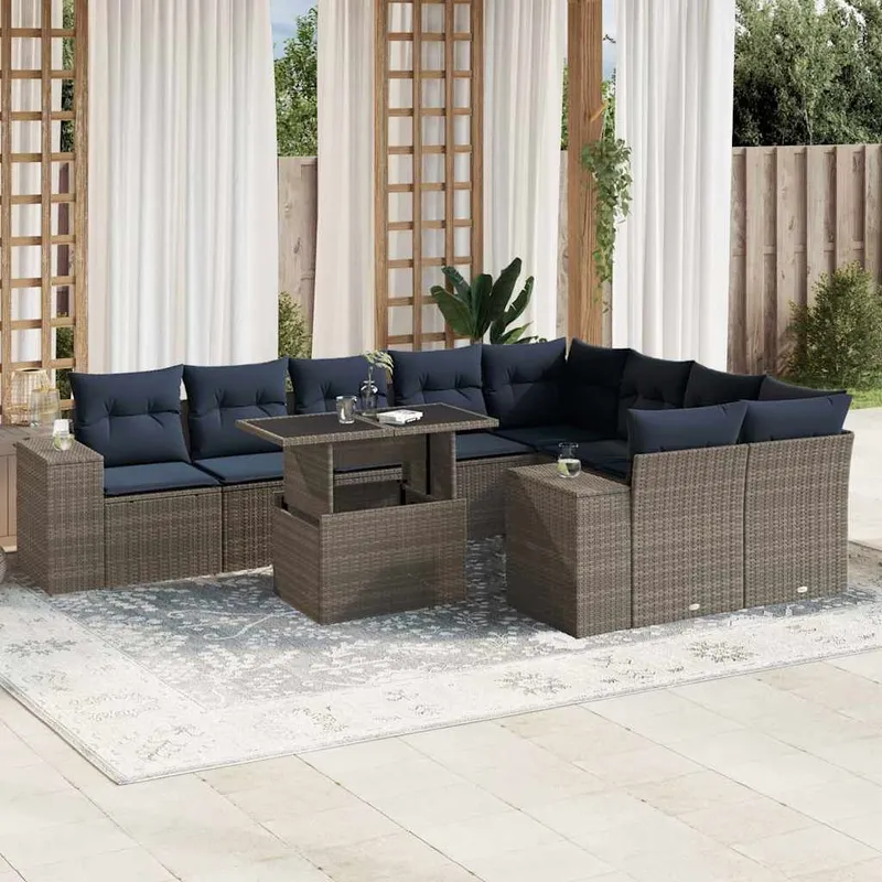 10-teiliges Gartensofa-Set mit Kissen, grau, Polyrattan
