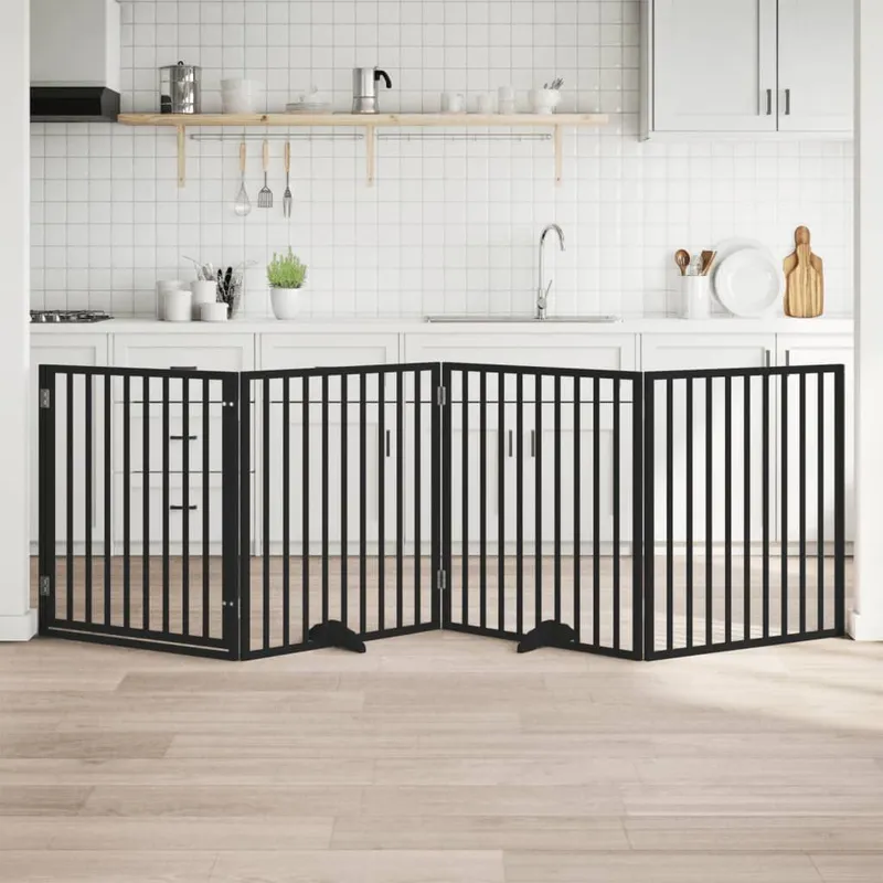 4-tlg. Hundetor mit Tür Faltbar black 320 cm Pappelholz