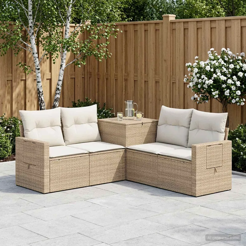 Sofa Set 5 stk. Beige und Cremeweiß Polyrattan und Stahl