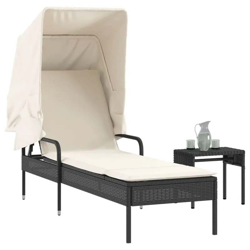 Sonnenliege con tetto e Tisch nero Poly Rattan