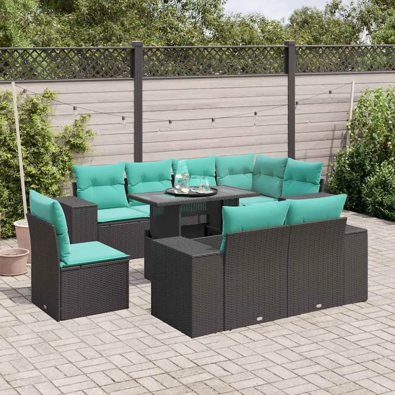 9-teiliges Gartensofa-Set mit Kissen, schwarzes Polyrattan