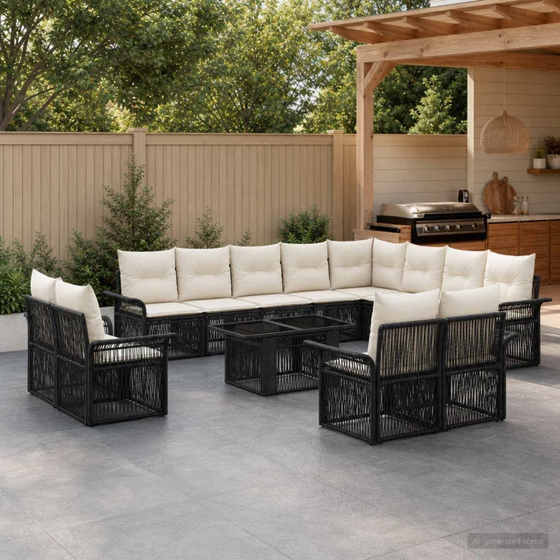 Gartensofa-set 13 stk. Schwarz und Cremeweiß Poly-Rattan