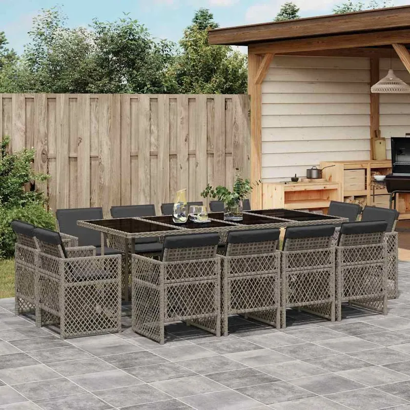 13-tlg. Garten-Essgruppe mit Kissen Grau Poly Rattan