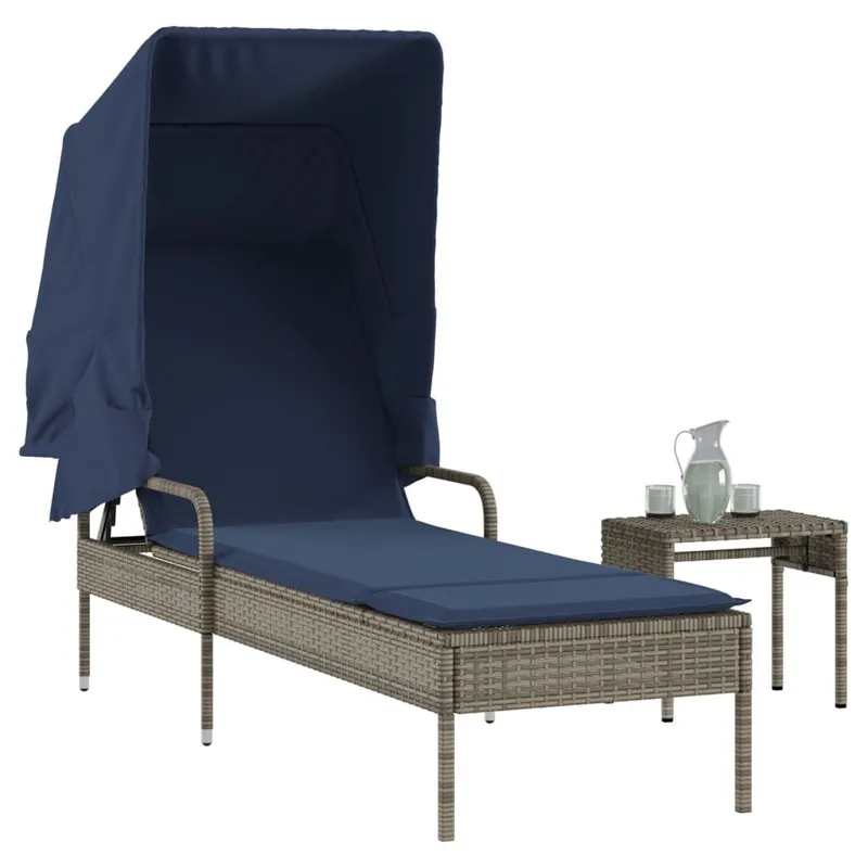 Sonnenliege mit Sonnendach und Tisch Grau Polyrattan