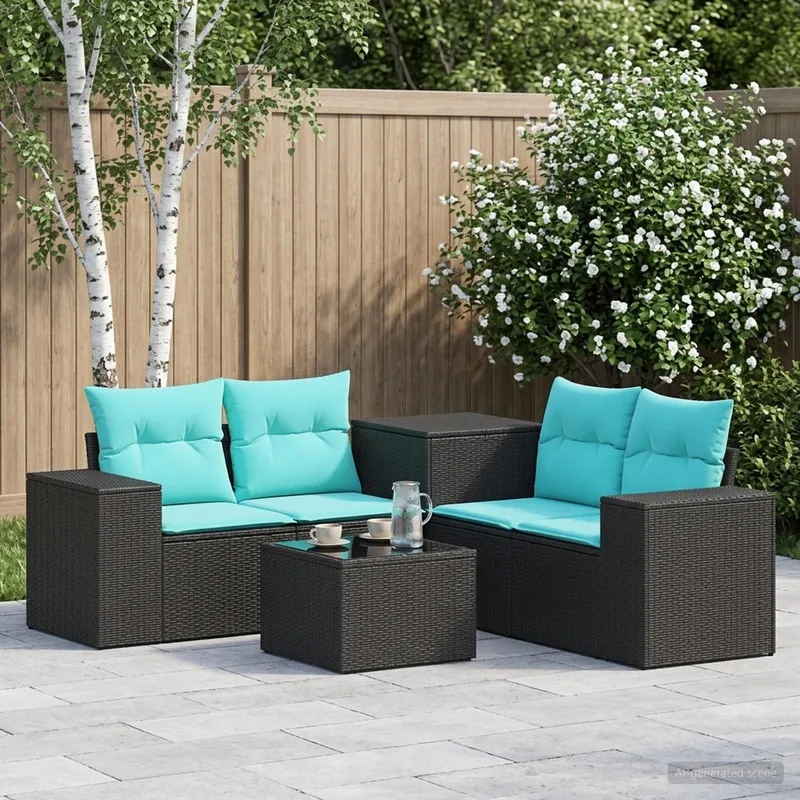 divano Set 6 pz. nero e blu polyrattan e acciaio