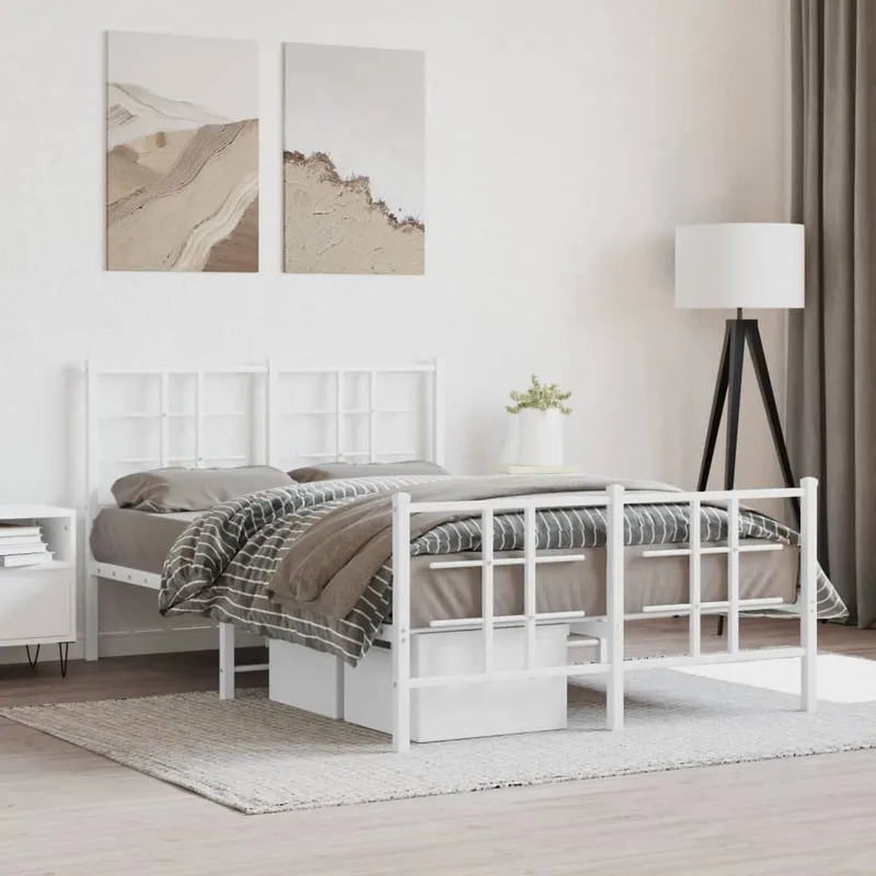 Cadre de lit métal sans matelas et pied de lit blanc 120x200 cm